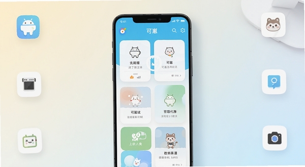 可崽软件主界面全貌展示，画面中央为手机屏幕特写，屏幕内呈现可崽应用首页的卡片式功能布局，背景为浅色渐变桌面环境，周围点缀简约图标元素，整体风格清爽现代，突出安卓实用工具的产品气质