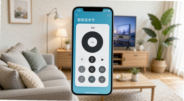 整体画面为一部智能手机居中放置,屏幕显示智家遥控的遥控面板界面,背景为温馨客厅场景,沙发、电视柜、绿植分区布局,画面风格清爽明亮,突出手机遥控家电的核心全貌