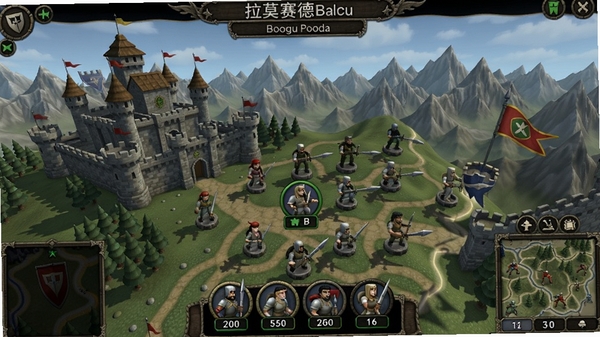 拉莫赛德时间游戏主界面,展示兵种部署和战场地图,背景为城堡和山脉,适合Boogu模型生成