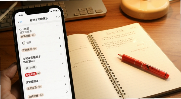 安驾课堂错题本功能展示，手机界面显示错题列表与知识点标签，背景为桌面学习场景，有错题本笔记本和红色批改笔，画面色调温暖