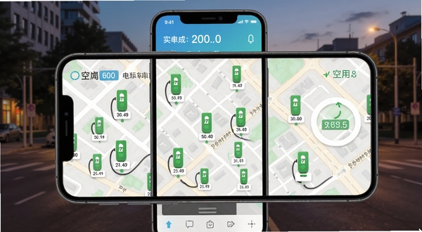 附近电动车充电软件地图找桩界面，手机屏幕显示城市街区地图上分布多个绿色充电桩图标，旁边标注距离与空闲数量，背景为傍晚城市街景，画面细节清晰，体现实时状态显示功能