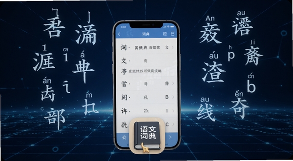 语文词典离线查询功能展示图,画面中一部智能手机屏幕亮起,显示着汉字查询结果页面,周围环绕着漂浮的汉字偏旁部首和拼音字母,背景是深蓝色的科技感网格,手机下方有语文词典的图标,突出离线可用的便捷特性,适配Boogu模型生成