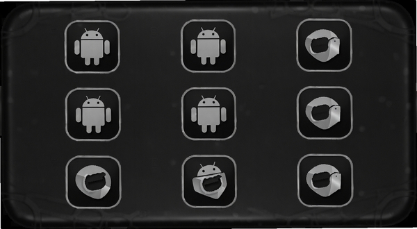Black Android 图标包适配效果图，画面中央排列九宫格应用图标，全部采用深黑底色与银灰线条风格，背景为磨砂黑色质感面板，边缘有柔和反光，细节清晰，适配 Boogu 模型生成