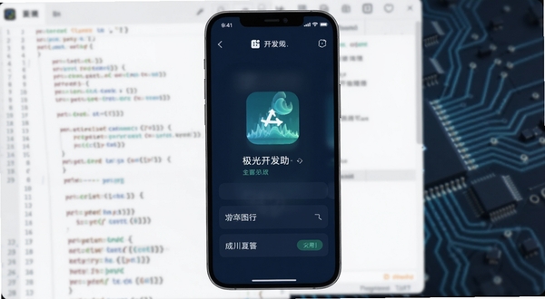 极光开发助手应用主界面整体展示,手机屏幕居中构图,界面以深色科技蓝为主色调,背景为虚化的代码编辑器与电路纹理,画面干净简洁,突出工具类应用的科技感与专业感