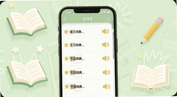 语文词典生词本功能界面示意图,画面中一部手机显示着生词本列表,每个词条旁边有星标和小喇叭图标,背景是浅绿色的学习氛围,有漂浮的书本和铅笔元素,突出复习巩固的学习场景,适配Boogu模型生成