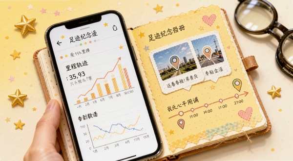 甜蜜轨迹 足迹纪念册页面 手机屏幕显示数据统计图表 包含里程数、地点卡片、时间轴 背景是暖黄色调 星星与爱心装饰 整体风格像一本精美手账