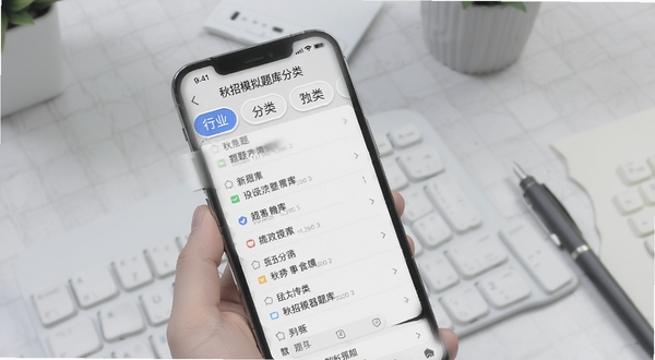 秋招模拟器题库分类界面，手机屏幕中呈现行业分类标签与题目列表，背景为淡灰色书桌场景，画面干净整洁