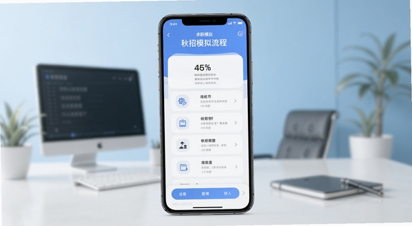 秋招模拟器手机应用界面展示，画面中央为手机屏幕呈现求职模拟流程界面，背景为浅蓝色渐变办公场景虚化，整体风格清新简洁，适配Boogu模型生成