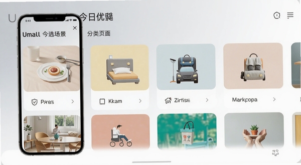 Umall今日优选场景化分类页面，画面展示多个生活场景卡片横向排列，包含早餐、收纳、通勤等图标，背景为浅灰到白色的柔和过渡，整体呈现干净有序的移动端界面风格