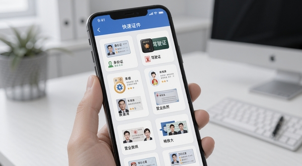 电子证件快速查看多类型证件管理界面，手机屏幕中展示分类清晰的证件卡片列表，身份证、驾驶证、营业执照等以图标加缩略图形式排列，界面采用卡片式设计，背景为柔和的浅灰色办公场景，体现高效归档与快速检索的产品特性