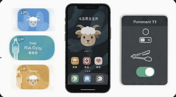 一部智能手机屏幕显示斗志昂羊主界面，旁边配有安装步骤图标与权限开关示意，画面采用扁平化信息图风格，色调清爽，突出新手安装引导主题，细节清晰