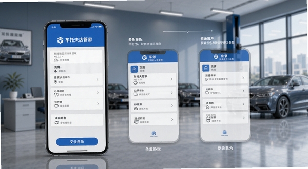 车托夫店管家多角色权限管理示意图,手机屏幕展示不同角色登录后的功能菜单差异,背景为汽车服务门店办公室,简洁商务风格,蓝灰色调,突出软件名称与权限分层概念