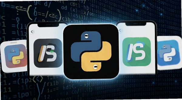 python代码编译器与同类编程应用对比展示图，画面中并排显示多个手机编程软件图标，中间突出python代码编译器图标，背景是代码符号与二进制数字组成的抽象科技纹理，整体风格清爽商务