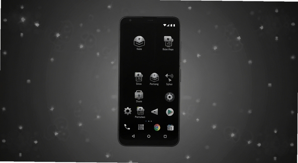 Black Android 深色主题手机界面展示，居中放置一部竖屏安卓手机，屏幕显示纯黑背景搭配银灰色图标与白色文字，背景为深灰色渐变空间，四周散落微弱光晕，整体风格简洁科技感，适配 Boogu 模型生成