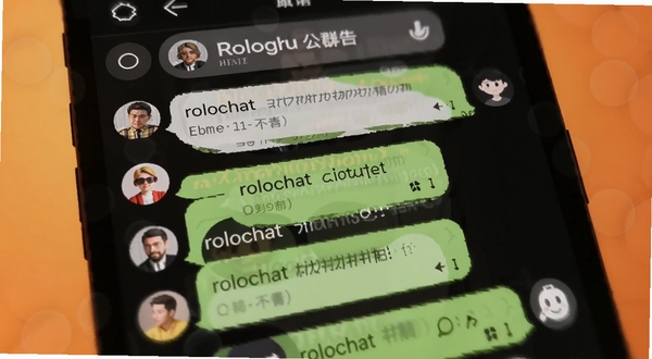 rolochat 群组聊天界面特写,画面展示手机屏幕内多人对话气泡与群公告栏,背景为暖橙色柔和光效,细节突出消息气泡与头像排列,适配Boogu模型生成
