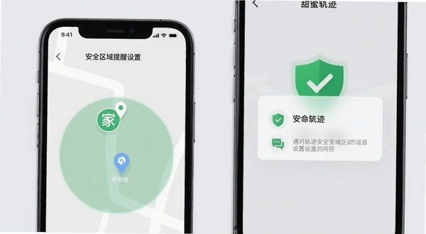甜蜜轨迹 安全区域提醒设置页面 手机界面显示圆形区域范围 标注家与公司图标 通知弹窗样式 背景浅灰色 绿色安全盾牌元素 整体清爽商务风格