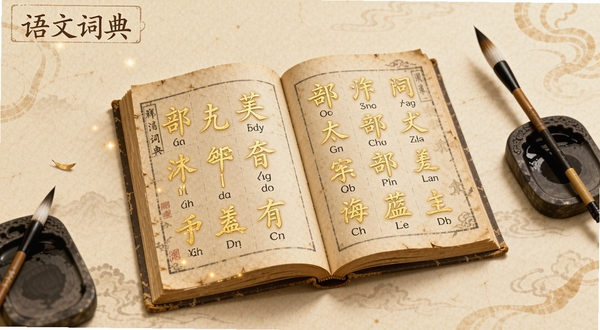 语文词典应用主界面展示,画面中央是一本翻开的古风书籍,书页上浮现出金色的汉字部首与拼音,背景是淡雅的米黄色宣纸纹理,点缀着毛笔与砚台元素,整体色调温暖柔和,左上角有语文词典的文字标识,画面主体突出汉字查询的便捷感,适配Boogu模型生成
