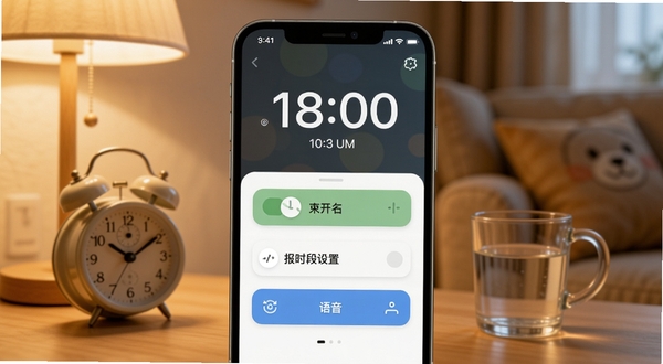 整点报时软件主界面全貌展示，画面中央为手机屏幕显示整点报时应用界面，顶部有当前时间大字号显示，下方排列报时开关、报时时段设置、语音选择等功能按钮，背景区域为温馨家居环境，柔和暖色调灯光，桌面摆放闹钟与水杯，整体风格简洁明快，适配Boogu模型生成，画面主体坐标居中，背景虚化处理