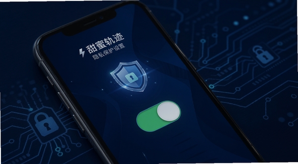 甜蜜轨迹 隐私保护设置页面 手机屏幕显示开关按钮与盾牌图标 背景深蓝色 科技感线条 锁形元素 整体风格安全可靠