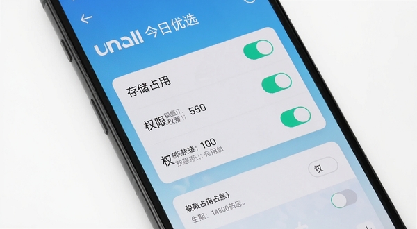 Umall今日优选设置与隐私权限管理界面，手机屏幕中展示权限开关列表与存储占用信息，背景为淡蓝色渐变，画面简洁清晰，突出工具类应用的轻量感