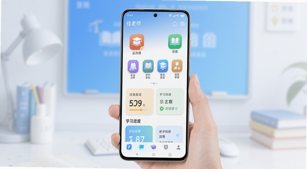 A佳老师安卓手机端主界面展示，画面中央是明亮的应用首页，包含学科分类图标和学习进度卡片，背景是柔和的蓝白渐变教育风格，整体干净整洁，突出移动学习场景