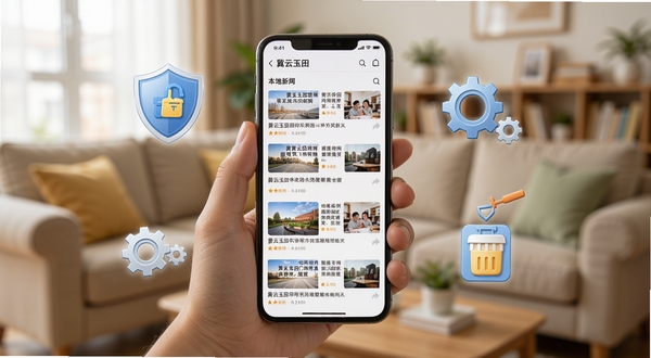 冀云玉田移动端使用场景示意图,画面展示一只手握持手机浏览本地新闻列表,手机屏幕清晰显示新闻标题与缩略图,周围环绕盾牌、齿轮、清理缓存图标等元素,背景为温馨的居家客厅虚化场景,风格写实自然