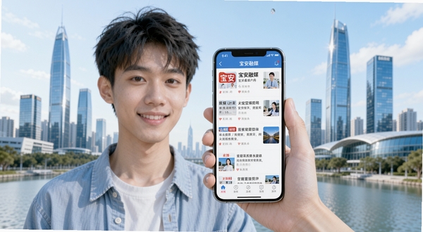 宝安融媒手机客户端主界面展示,画面中央是手持智能手机的年轻用户,手机屏幕显示宝安融媒APP的新闻信息流页面,背景是深圳宝安区城市天际线与现代建筑群,画面色调明亮清新,突出本地新闻资讯与社区服务氛围