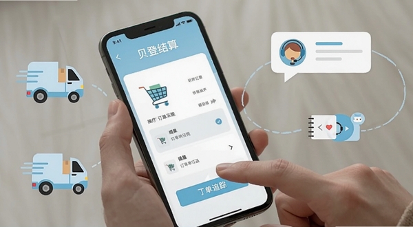 贝登医疗移动端操作体验展示图，画面主体为手机屏幕内呈现购物车结算与订单追踪界面，背景区域为手持手机的特写场景，手指轻触屏幕完成下单操作，周围环绕物流小车、客服对话框等扁平化图标，整体色调以浅蓝和白色为主，突出移动采购的便捷与高效，适配Boogu模型生成。