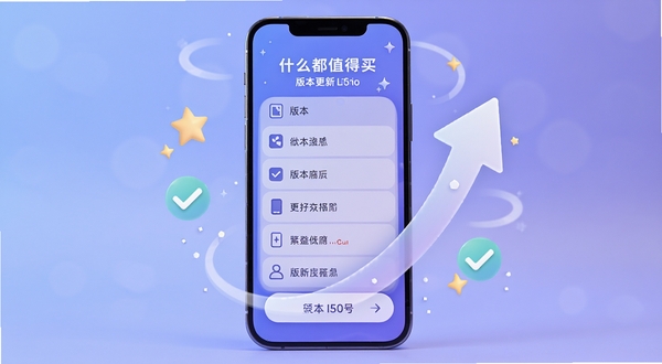 什么都值得买版本更新界面展示，手机屏幕呈现更新日志列表与版本号标识，背景为柔和渐变蓝紫色调，画面主体为居中的手机与上升箭头元素，周围点缀星星与对勾图标，体现功能迭代与优化主题