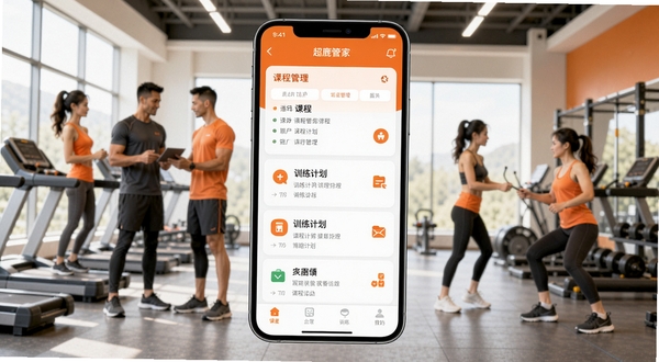 超鹿管家应用主界面全貌,画面中央展示手机屏幕中课程管理与训练计划列表,背景为明亮健身房环境,教练与学员互动场景,整体色调活力橙与深灰搭配,高清UI细节,现代扁平化设计风格