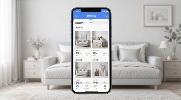 找家纺商户版APP首页展示家纺商品管理界面，手机屏幕居中放置，背景为浅灰色家居场景，画面简洁明亮
