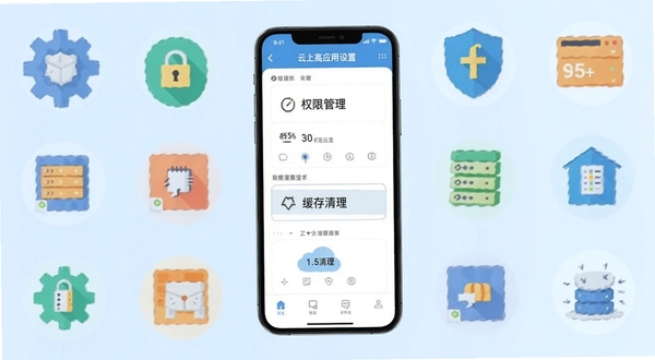 云上高应用设置页面展示权限管理与缓存清理选项，手机界面位于画面中央，周围环绕齿轮、盾牌、存储条等扁平化图标元素，背景为淡蓝色渐变，风格简洁明快，适配Boogu模型生成