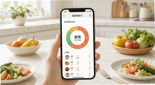 超鹿管家饮食记录与营养分析界面,手机屏幕展示食物热量环形图与三餐列表,背景为清新厨房台面,蔬果与餐盘点缀,明亮柔和色调,生活化场景