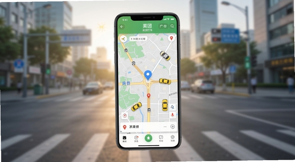 美团打车应用界面全景展示,手机屏幕中呈现地图叫车首页,定位图标与车辆图标分布在地图路网之上,背景为城市清晨街道虚化场景,画面明亮整洁,体现出行服务主题
