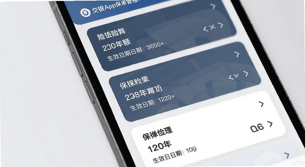 交银人寿App保单管理界面特写，手机屏幕显示多张保单卡片列表，每张卡片包含险种名称、保额、生效日期等关键字段，界面风格为清爽卡片式设计，背景为淡雅灰白配色，突出数字化保单管理的便捷感