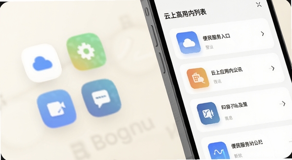 云上高应用内资讯列表与便民服务入口并排展示，手机屏幕位于画面右侧三分之二处，左侧为悬浮的功能图标特写，背景为柔和的米白色调，突出卡片式布局与图标细节，适配Boogu模型生成