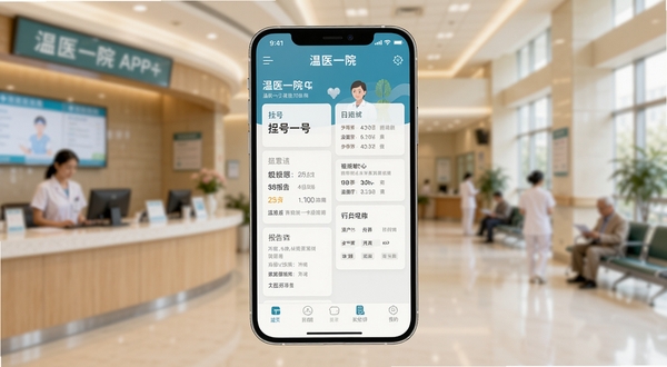 一张展示温医一院手机应用界面的场景图,画面中心是一部竖屏智能手机,屏幕上清晰显示温医一院APP首页的挂号与报告查询功能模块,背景为温馨的医院门诊大厅虚化场景,光线柔和明亮,整体风格干净专业,突出移动医疗的便捷感