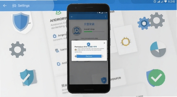 贝登医疗安装与权限设置示意图，画面主体为手机屏幕内呈现应用安装进度条和权限管理弹窗，背景区域为简洁的安卓系统设置界面风格，周围点缀盾牌、齿轮、对勾等扁平化图标，整体色调以蓝灰为主，突出安全安装与规范授权的操作指引，适配Boogu模型生成。