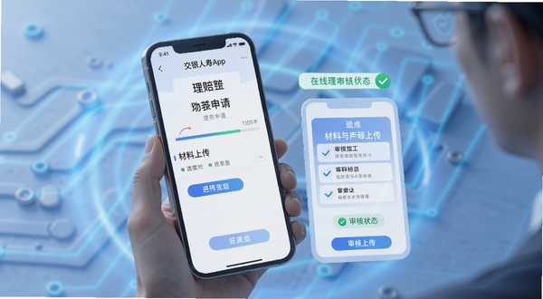 交银人寿App在线理赔操作流程示意图，画面展示手机屏幕中理赔申请页面与材料上传步骤，配有进度条与审核状态标签，背景为柔和蓝色科技光晕，体现高效便捷的数字化理赔服务