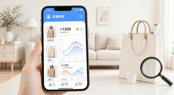 什么都值得买软件首页界面展示，手机屏幕中呈现商品优惠列表与价格曲线图，背景为简洁的浅色家居购物场景，画面主体位于中央偏左，右侧留白区域放置购物袋与放大镜元素，整体风格清爽明亮，适配电商导购类应用展示