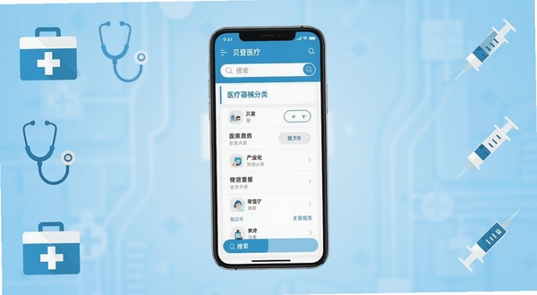 贝登医疗应用主界面全景展示图，画面中央为手机屏幕内呈现医疗器械商品分类导航与搜索栏，背景区域为浅蓝色渐变医疗科技风格，四周点缀药箱、听诊器、注射器等扁平化图标元素，整体色调以蓝白为主，突出专业、安全、高效的平台气质，画面清晰明亮，适配Boogu模型生成。
