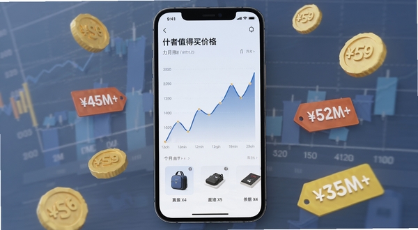 什么都值得买价格走势功能界面，手机屏幕显示一条起伏的价格曲线与商品缩略图，背景为淡蓝色数据图表风格，画面主体居中，四周点缀金币与折扣标签元素，整体呈现理性分析氛围