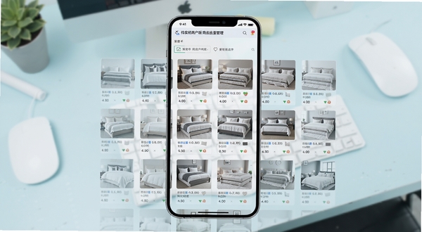 找家纺商户版商品批量管理功能界面，多件家纺商品列表整齐排列，手机屏幕居中，背景为淡蓝色办公桌面