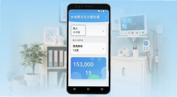 一张展示水电费月计算软件核心界面的手机屏幕效果图,画面主体为居中竖放的安卓手机,屏幕内呈现水电用量输入框与费用结果卡片,背景为浅蓝色渐变的生活缴费场景虚化图,整体风格清爽明亮,突出软件名称水电费月计算