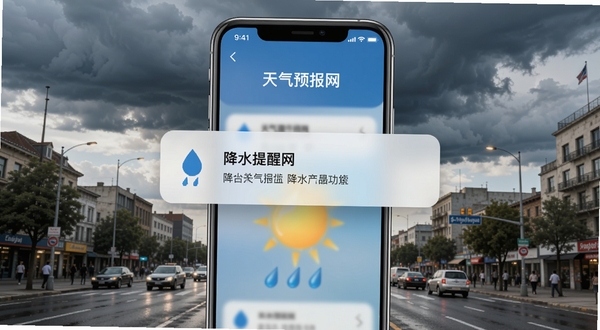 天气预报网降水提醒功能展示,手机屏幕弹出带有雨滴图标的通知卡片,背景为城市街道与乌云天空,画面风格写实明亮,突出天气预报网字样