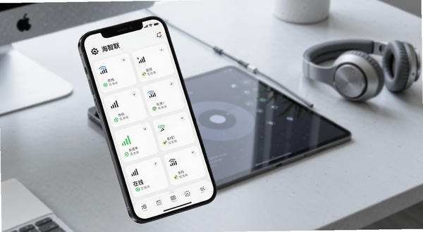 海智联多设备管理界面生图，画面展示一部手机屏幕内整齐排列多个设备状态卡片，卡片上有信号图标与在线标识，背景为柔和浅灰办公桌面环境，旁边放置平板与耳机作为场景点缀，光线自然，突出集中管理功能