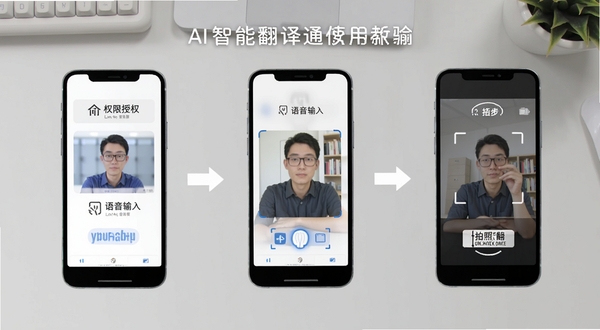 AI智能翻译通使用教程示意图，画面为手机屏幕分步展示权限授权、语音输入、拍照翻译三个操作步骤，配以简洁箭头指引，背景为浅灰色工作台面，风格扁平化教学图示，适配Boogu模型生成