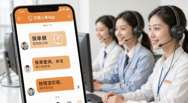 交银人寿App智能客服对话界面展示，手机屏幕中呈现用户与AI客服的问答气泡，内容涉及保单查询与理赔咨询，界面配色为温暖橙色与白色搭配，背景虚化显示客服团队形象，传递专业贴心的服务理念