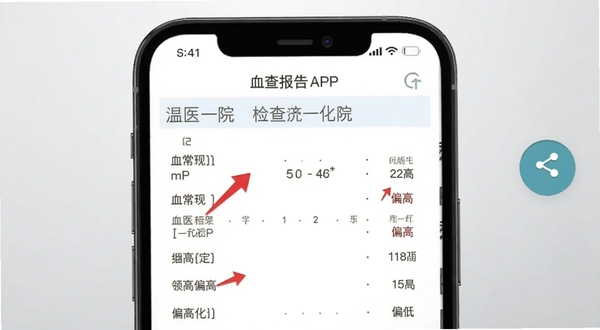 温医一院APP检查报告查询页面,手机屏幕显示血常规化验单,部分指标用红色箭头标注偏高或偏低,背景为浅灰色渐变,画面右侧有分享按钮图标,整体风格清晰易读