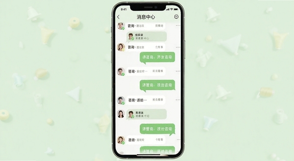找家纺商户版消息中心界面，多个买家咨询对话气泡排列，手机屏幕居中，背景为浅绿色柔和色调